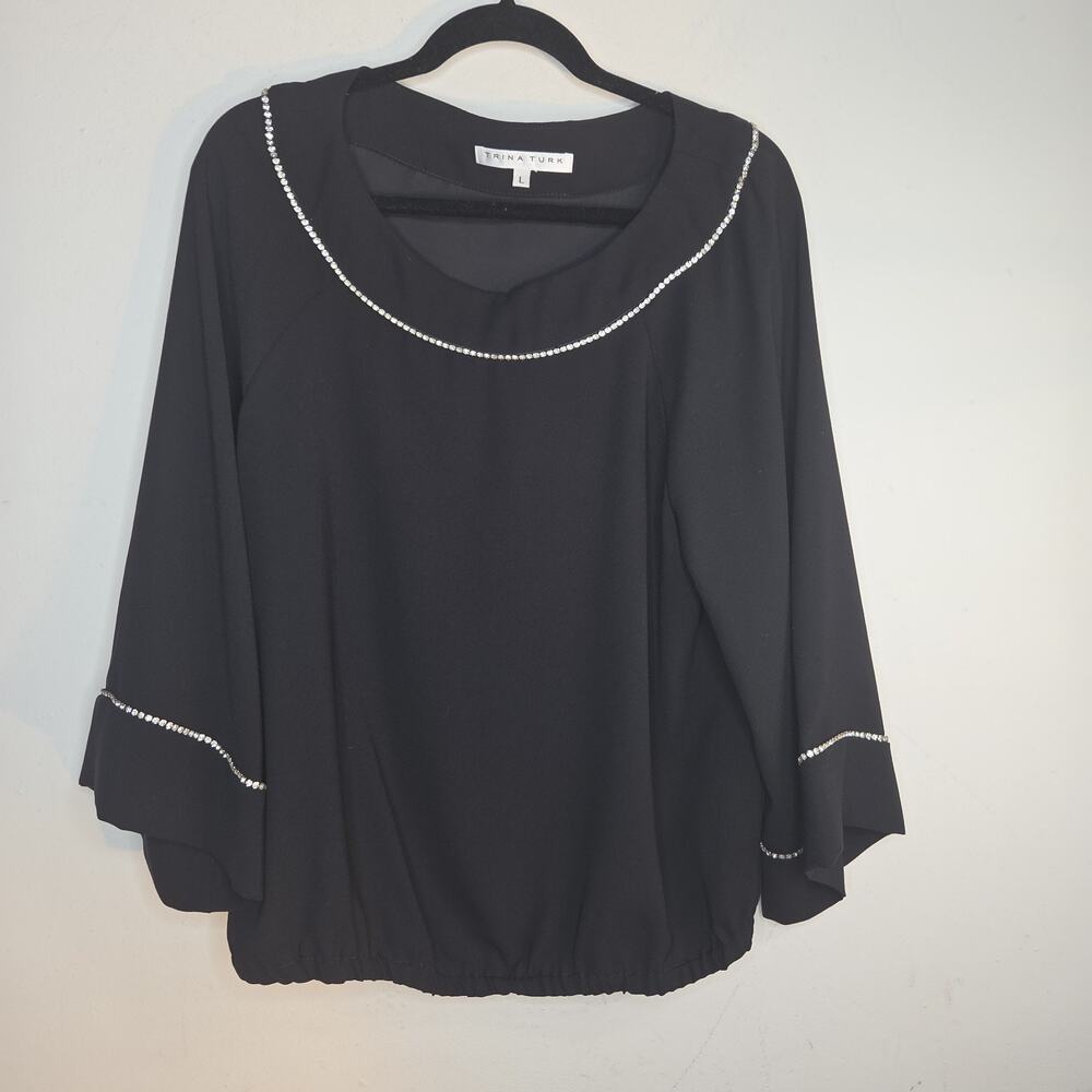 Trina Turk Womens Top L Black Crystal Rhinestone Trim Blouse Made in California